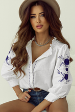 Load image into Gallery viewer, White Floral Embroidered Bracelet Sleeve Shirt
