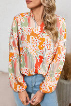 Load image into Gallery viewer, Orange Printed Split V Neck Puff Sleeve Blouse
