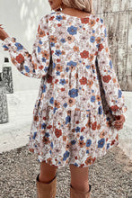 Load image into Gallery viewer, Khaki Tiered Floral Round Neck Ruffled Long Sleeve Dress

