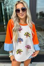 Load image into Gallery viewer, Light Grey Thanksgiving Turkey Sequin Graphic Color Block Long Raglan Sleeve Top

