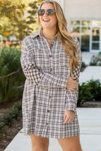 Load image into Gallery viewer, White Stripe Plus Size Plaid Buttoned Raw Hem Tunic Shirt Dress
