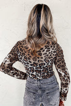 Load image into Gallery viewer, Brown Leopard Mock Neck Mesh Long Sleeve Top
