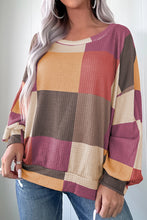 Load image into Gallery viewer, Rose Red Checkered Print Textured Knit Long Sleeve Loose Top
