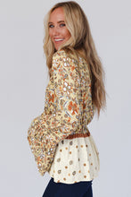 Load image into Gallery viewer, Yellow Printed Floral Bell Sleeve V Neck Wrapped Contrast Peplum Blouse
