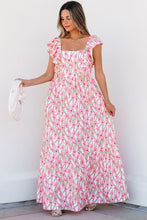 Load image into Gallery viewer, Pink Floral Print Square Neck Ruffled Strap Maxi Dress
