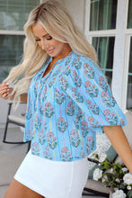 Load image into Gallery viewer, Sky Blue Floral Striped Print Shirred Yoke Split Neck Blouse
