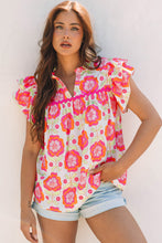 Load image into Gallery viewer, Rose Floral Ruffled Sleeve Ric-rac Trim Split Neck Loose Blouse
