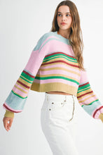 Load image into Gallery viewer, Multicolour Striped Knit Ribbed Trim Boxy Fit Cropped Sweater
