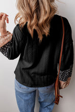 Load image into Gallery viewer, Black Floral Patchwork Textured Knit Drawstring V Neck Blouse
