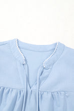 Load image into Gallery viewer, Beau Blue Floral Embroidered Puff Sleeve Split Neck Blouse
