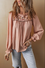 Load image into Gallery viewer, Gossamer Pink Floral Embroidered Textured Flounce Sleeve Elegant Blouse
