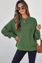 Load image into Gallery viewer, Vineyard Green Solid Color Mixed Textured Knitted Crew Neck Sweater
