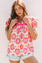 Load image into Gallery viewer, Rose Floral Ruffled Sleeve Ric-rac Trim Split Neck Loose Blouse

