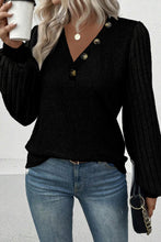 Load image into Gallery viewer, Black Buttoned V Neck Ribbed Puff Sleeve Top
