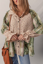 Load image into Gallery viewer, Mist Green Boho Floral Plaid Patchwork Distressed Detail Ruffled Sleeve Waffle Knit Shacket
