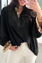 Load image into Gallery viewer, Black Contrast Leopard Print Patchwork Polo Collar Buttons Front Ruffled Long Sleeve Blouse
