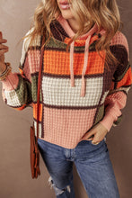 Load image into Gallery viewer, Orange Color Block Waffle Knit Drawstring Mock Neck Sweater
