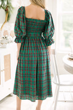 Load image into Gallery viewer, Green Tartan Plaid Square Neck Puff Sleeve Knot Waist Flared Midi Dress
