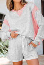Load image into Gallery viewer, Light Grey Color Block Raw Hem Pullover and Casual Shorts Set
