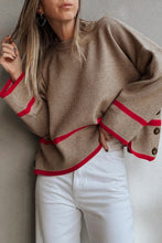 Load image into Gallery viewer, Simply Taupe Ribbed Knit Contrasted Stripe Detail Button Side Loose Sweater
