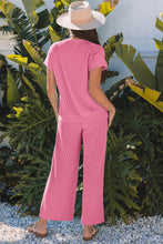 Load image into Gallery viewer, Bright Pink Solid Corded Knit Short Sleeve T Shirt and Wide Leg Pants Set
