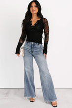 Load image into Gallery viewer, Black Sheer Lace Long Sleeve Slim Henley Top
