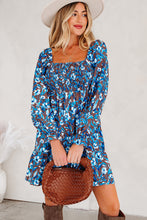 Load image into Gallery viewer, Blue Smocked Bodice High Waist Ruffled Sleeve Floral Dress
