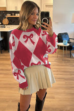 Load image into Gallery viewer, Red Bow Print 2-tone Rhombus Knit Loose Sweater
