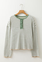 Load image into Gallery viewer, Green Stripe Textured Frilly Trim Buttons Henley Long Sleeve Top
