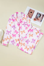 Load image into Gallery viewer, Pink Striped Bow Print Contrast Piping Trim Shirt and Pants 2pcs Pajama Set
