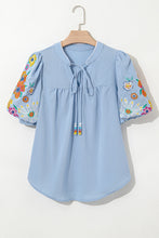 Load image into Gallery viewer, Beau Blue Floral Embroidered Puff Sleeve Split Neck Blouse
