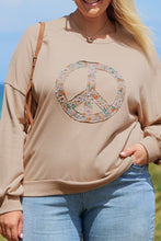 Load image into Gallery viewer, Pale Khaki Floral Peace Sign Graphic Washed Terry Plus Size Sweatshirt
