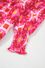 Load image into Gallery viewer, Strawberry Pink Geometric Print Smocked Long Sleeve Mini Dress
