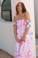 Load image into Gallery viewer, Pink Floral Print Knotted Shoulder Smocked Maxi Dress

