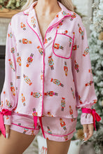 Load image into Gallery viewer, Pink Nutcracker Print Contrast Trim Tied up Bow Silky 2pcs Pajama Set
