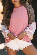 Load image into Gallery viewer, Fushia Mixed Print Raglan Sleeve Ribbed Knit Patchwork Blouse
