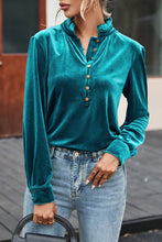 Load image into Gallery viewer, Green Frilled Neck Buttoned Front Velvet Top
