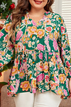 Load image into Gallery viewer, Green Floral Tied V Neck Long Sleeve Plus Size Babydoll Top
