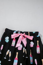 Load image into Gallery viewer, Color black Christmas Wine Glass Print Bow Knot Two Piece Pajama Set
