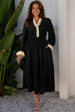 Load image into Gallery viewer, Black Contrast Leopard Frilled Trim V Neck Bracelet Sleeve Midi Dress

