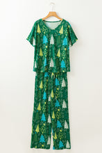 Load image into Gallery viewer, Green Christmas Tree Print V Neck Tee and Pants Lounge Set
