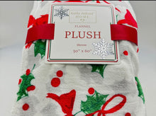 Load image into Gallery viewer, Flannel plush throw blanket with festive design and label on a white background
