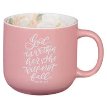 Load image into Gallery viewer, God Is Within Her Rose Pink Floral Ceramic Coffee Mug – Psalm 46:5
