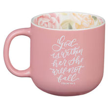 Load image into Gallery viewer, God Is Within Her Rose Pink Floral Ceramic Coffee Mug – Psalm 46:5
