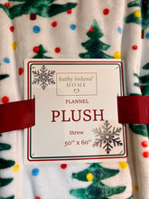 Load image into Gallery viewer, Flannel plush throw blanket with Christmas tree and a polka dot  pattern, featuring a Kathy Ireland Home label.
