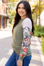 Load image into Gallery viewer, Laurel Green Floral Patchwork Long Sleeve Ribbed Blouse
