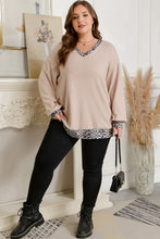 Load image into Gallery viewer, Parchment Leopard Patchwork V Neck Long Sleeve Plus Size Top
