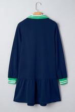 Load image into Gallery viewer, Navy Blue Contrast Striped Cuffs Polo Collar Patchwork Long Sleeve Ruffle Hem Mini Dress
