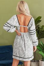 Load image into Gallery viewer, Gray Floral Print Open Back Balloon Sleeve Square Neck Mini Dress
