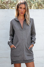 Load image into Gallery viewer, Dark Grey Zip up Collared Ribbed Patchwork Sweatshirt Dress with Pockets
